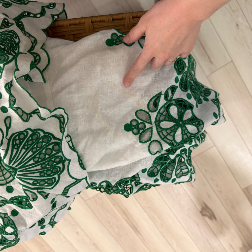 FARM Rio Flower Richelieu Linen Midi Dress Green White Cutout Tiered XS Boho - Picture 4 of 12